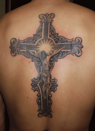 背中,クロス,十字架,キリスト,ブラック＆グレータトゥー/刺青デザイン画像