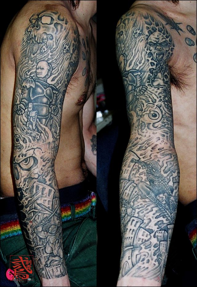腕,ブラック＆グレー,九分袖タトゥー/刺青デザイン画像