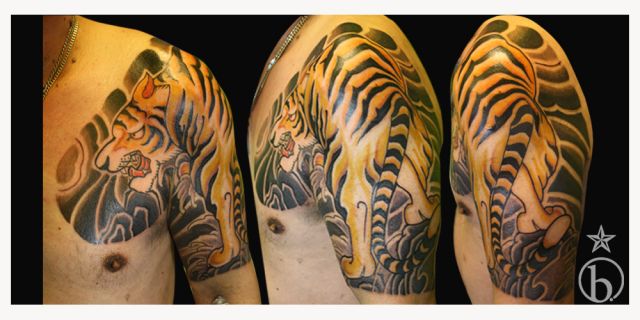 太鼓,五分袖,虎タトゥー/刺青デザイン画像