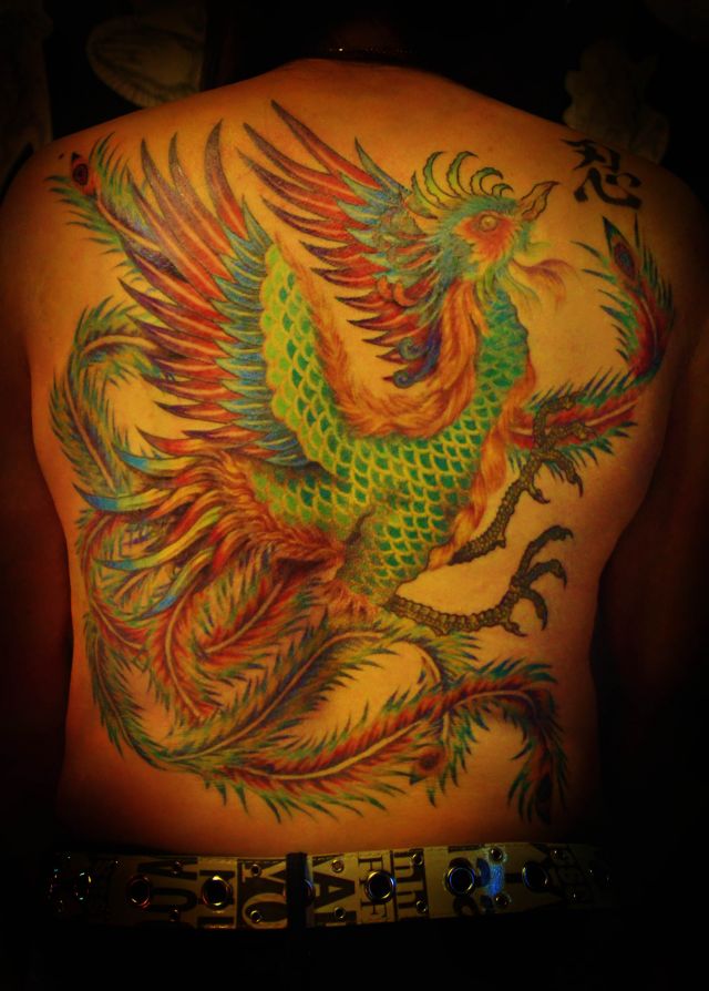 背中,鳳凰,カラー,カラフルタトゥー/刺青デザイン画像