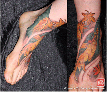 女性,足,鳥,紅葉タトゥー/刺青デザイン画像