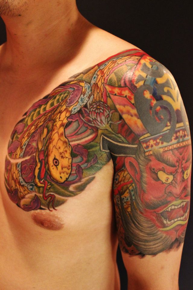 蛇,閻魔,菊,腕,太鼓タトゥー/刺青デザイン画像