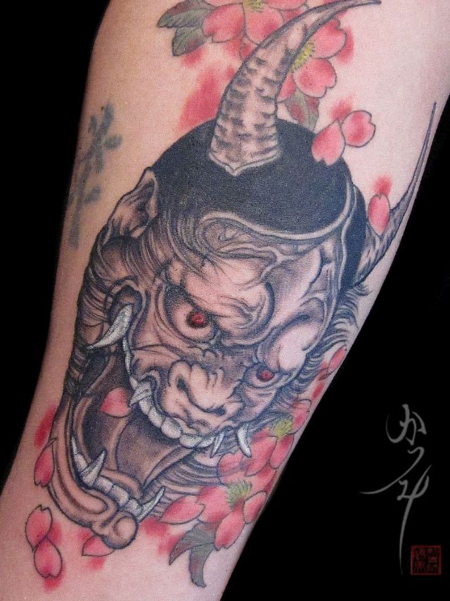 腕,男性,桜,般若,カラータトゥー/刺青デザイン画像
