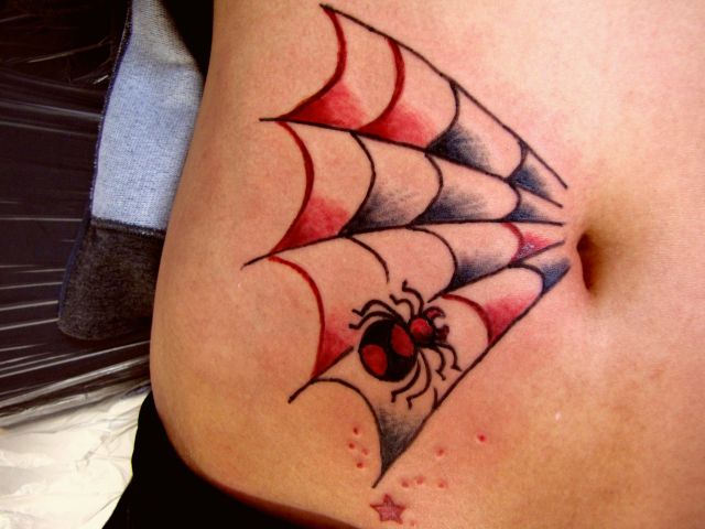 腹,女性,スパイダー,蜘蛛,蜘蛛の巣タトゥー/刺青デザイン画像