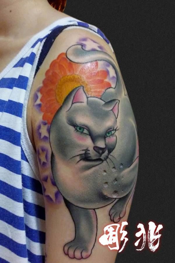 腕,猫,化け猫,カラータトゥー/刺青デザイン画像