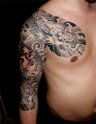 梵字,龍,太鼓,七分袖,ブラック＆グレータトゥー/刺青デザイン画像
