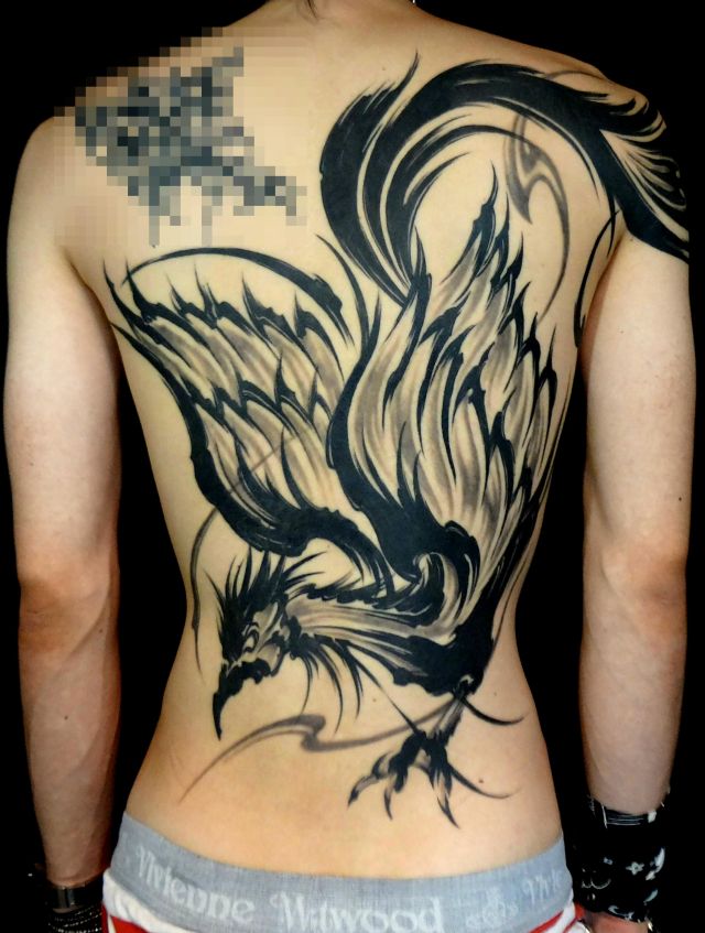 背中,鳳凰,筆,ブラック＆グレイ,ブラック＆グレー,ブラック＆グレイタトゥー/刺青デザイン画像