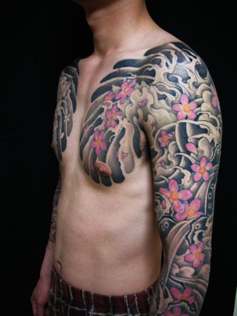 太鼓,七分袖,桜タトゥー/刺青デザイン画像