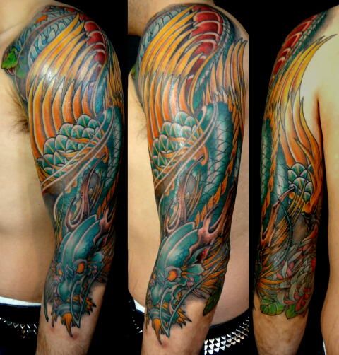 腕,肩,肘,龍,菊,花,カラー,カラフルタトゥー/刺青デザイン画像