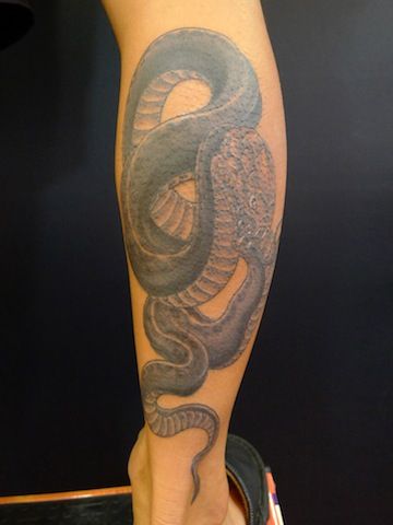 足,ふくらはぎ,男性,蛇,ブラック＆グレイ,ブラック＆グレータトゥー/刺青デザイン画像