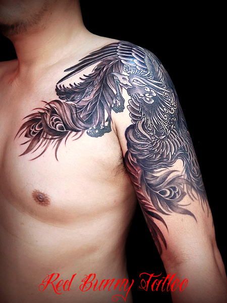 腕,鳳凰,ブラック＆グレイ,ブラック＆グレータトゥー/刺青デザイン画像