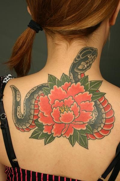 蛇,牡丹,背中,女性タトゥー/刺青デザイン画像