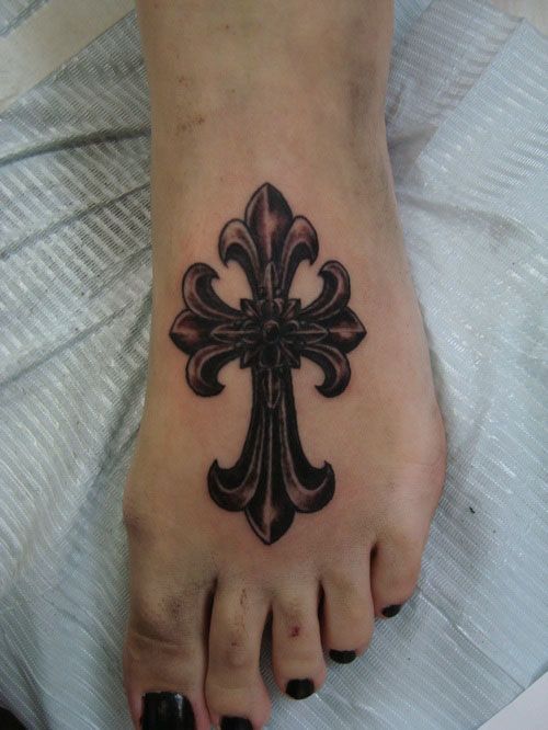 足,クロス,ブラック＆グレータトゥー/刺青デザイン画像