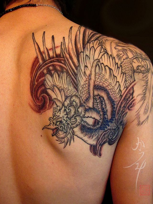 背中,肩,二の腕,男性,鳳凰,カラータトゥー/刺青デザイン画像