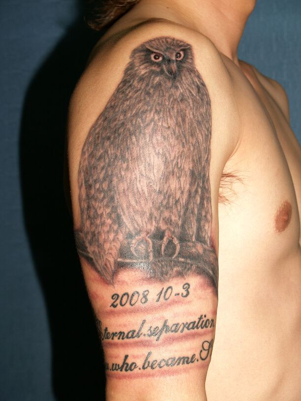 フクロウ,肩,ブラック＆グレー,動物,鳥タトゥー/刺青デザイン画像