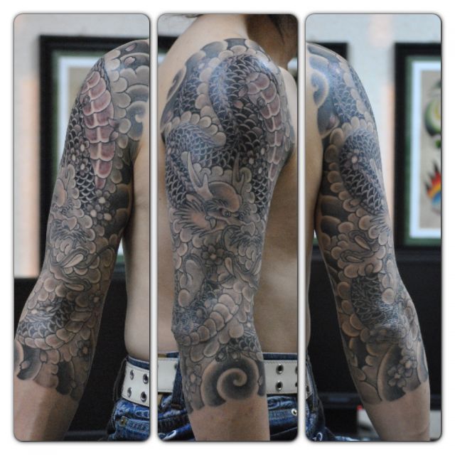 腕,男性,龍,額,桜,七分袖,烏彫りタトゥー/刺青デザイン画像