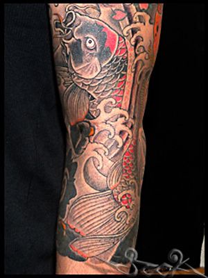 腕,二の腕,男性,鯉,額,のぼり鯉,カラー,カラフルタトゥー/刺青デザイン画像