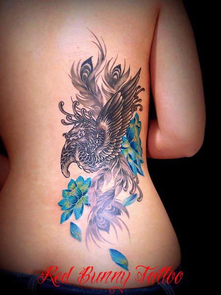 背中,腰,女性,鳳凰,ブラック＆グレイ,ブラック＆グレー,カラータトゥー/刺青デザイン画像