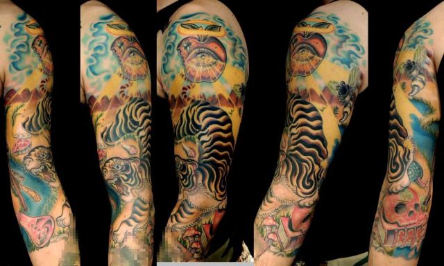 腕,虎,カラー,スカルタトゥー/刺青デザイン画像