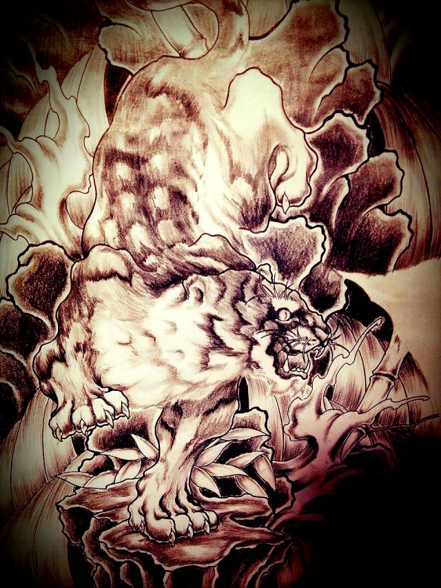 腕,虎,ブラック＆グレータトゥー/刺青デザイン画像