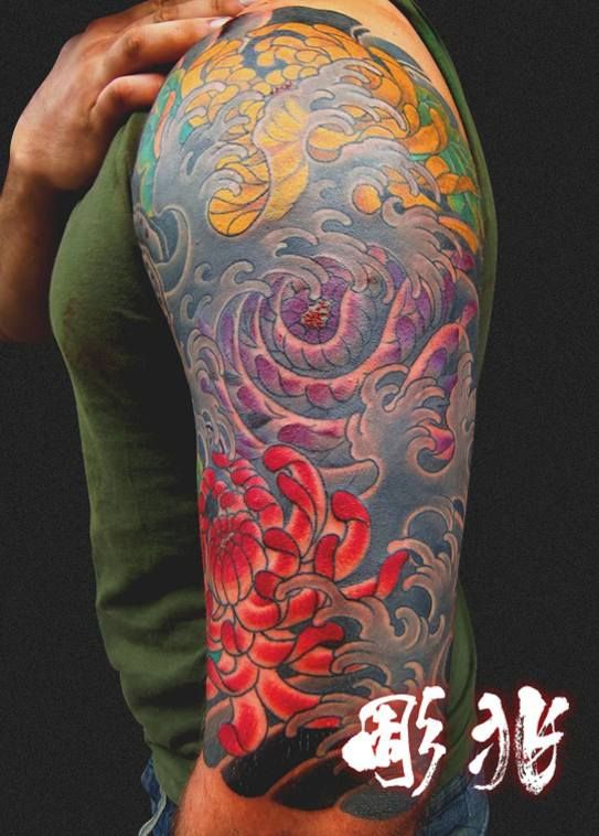 腕,菊,カラータトゥー/刺青デザイン画像
