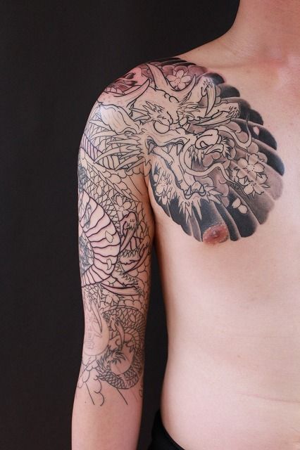 腕,龍,桜,烏彫りタトゥー/刺青デザイン画像
