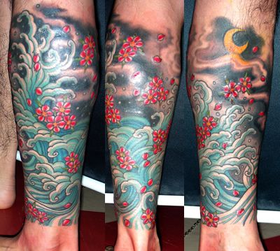 足,波,桜,月,花タトゥー/刺青デザイン画像