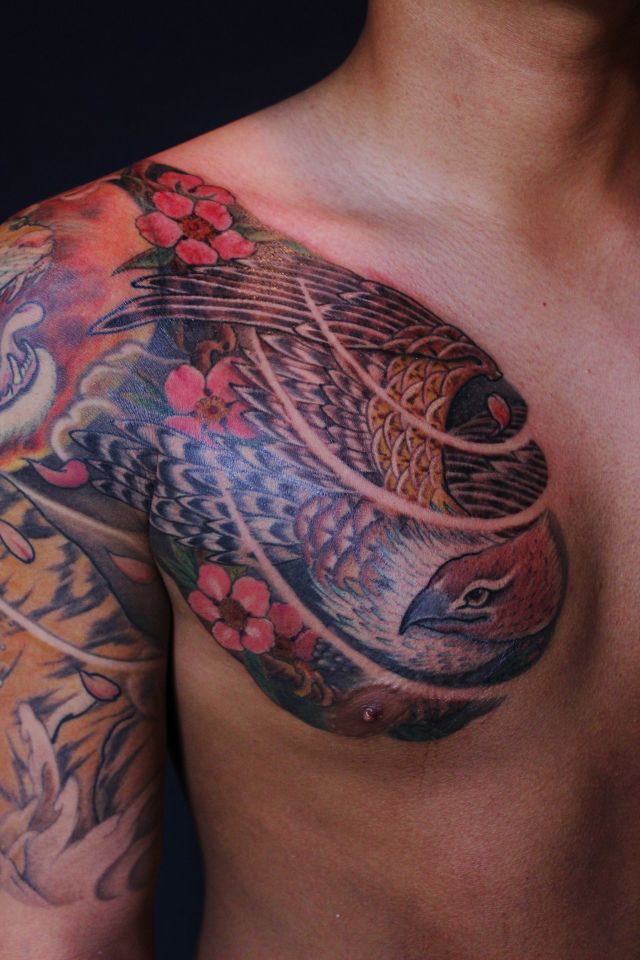 鷹,胸,桜タトゥー/刺青デザイン画像