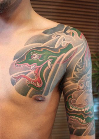 太鼓,五分袖,蛇,般若タトゥー/刺青デザイン画像