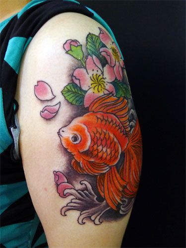 金魚,桜,女性,腕,花タトゥー/刺青デザイン画像