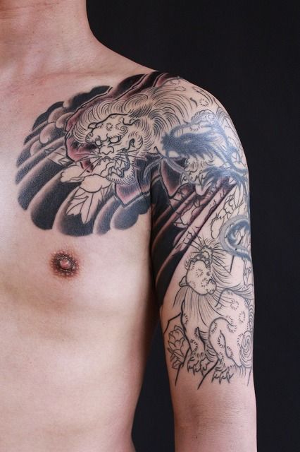 腕,唐獅子,烏彫りタトゥー/刺青デザイン画像