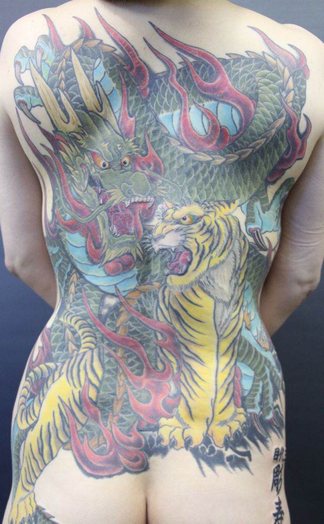 背中,龍,虎,カラータトゥー/刺青デザイン画像