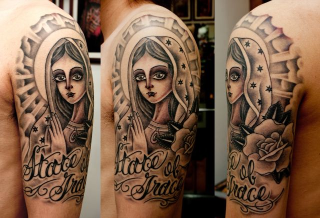 肩,マリア,ブラック＆グレータトゥー/刺青デザイン画像