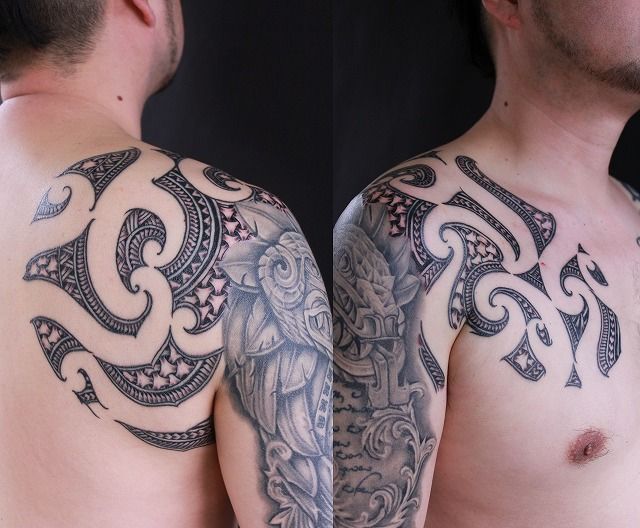 腕,肩,トライバル,ブラック＆グレイタトゥー/刺青デザイン画像