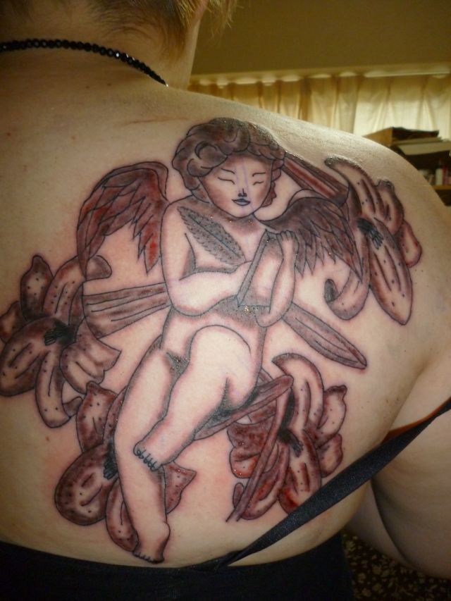 背中,女性,人物,百合,天使,ブラック＆グレイ,ブラック＆グレータトゥー/刺青デザイン画像