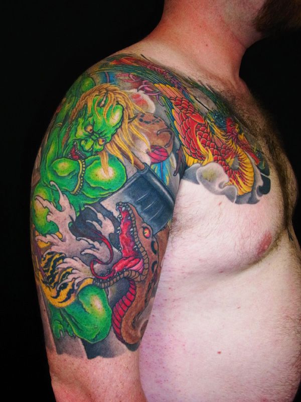 太鼓,五分袖,鬼,蛇,鳳凰タトゥー/刺青デザイン画像