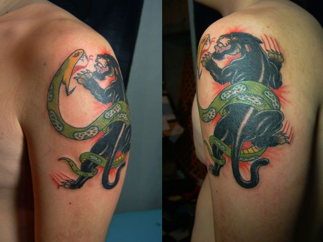 肩,豹,蛇,動物タトゥー/刺青デザイン画像