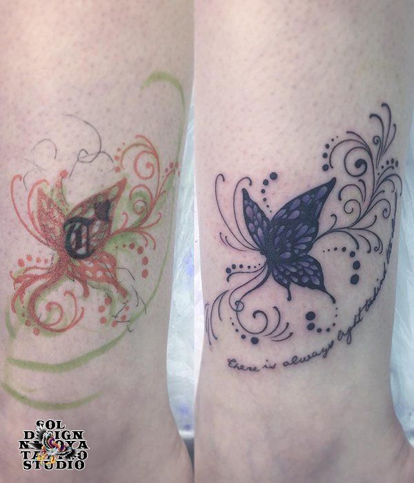 足首,女性,くるぶし,バタフライ,ブラック＆グレイ,ブラック＆グレー,タッチアップタトゥー/刺青デザイン画像