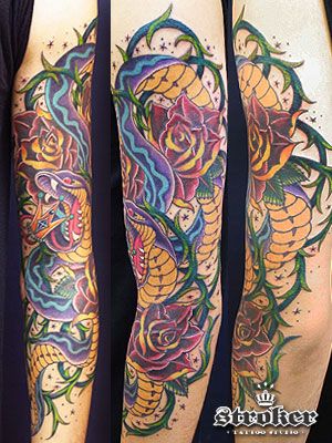薔薇,蛇,腕タトゥー/刺青デザイン画像