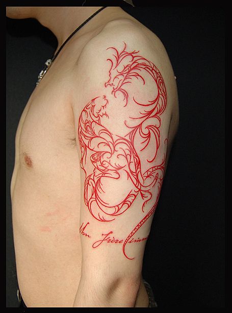 腕,二の腕,男性,龍,虎,トライバル,文字,カラータトゥー/刺青デザイン画像