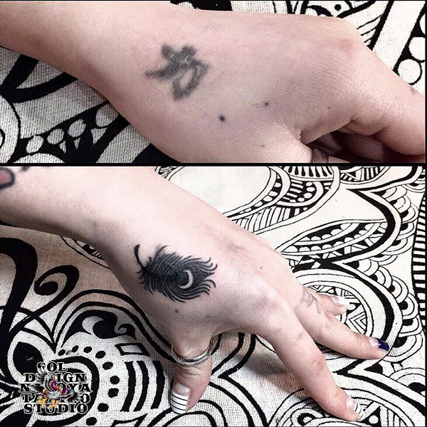 手,女性,羽,ブラック＆グレイ,ブラック＆グレイ,タッチアップタトゥー/刺青デザイン画像