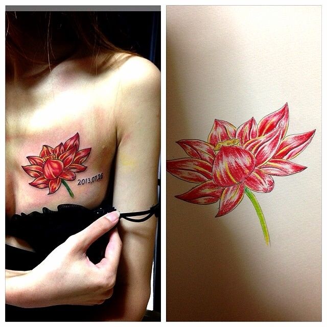 胸,蓮,カラータトゥー/刺青デザイン画像