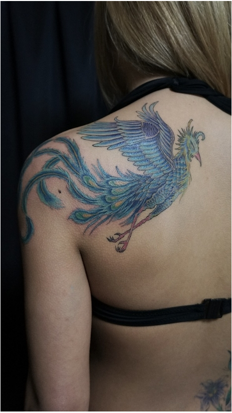 女性,背中,鳳凰タトゥー/刺青デザイン画像