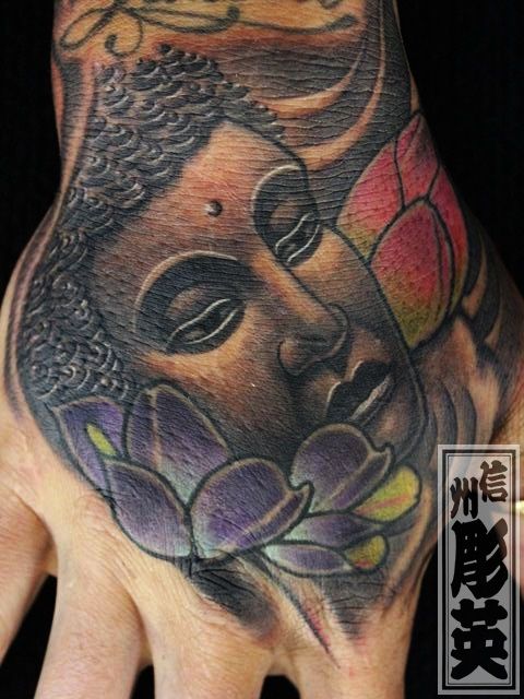 仏陀,百合,手タトゥー/刺青デザイン画像