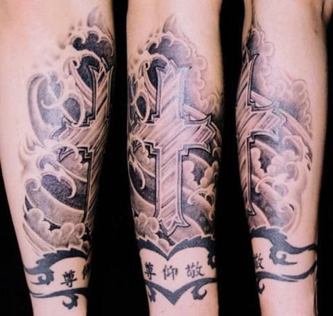 腕,クロス,ブラック＆グレータトゥー/刺青デザイン画像