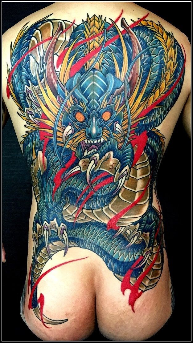背中,龍,カラー,カラフルタトゥー/刺青デザイン画像