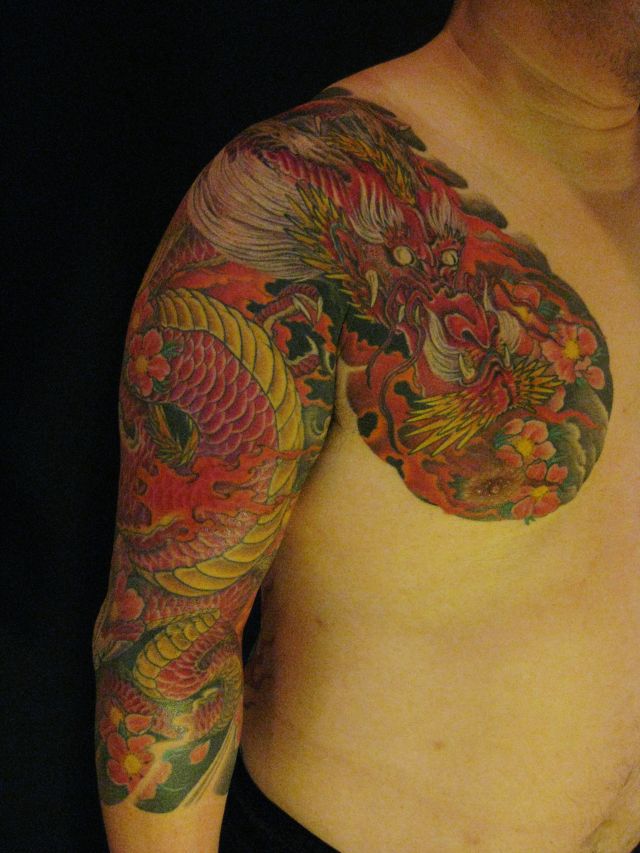 腕,龍,桜,太鼓,七分袖タトゥー/刺青デザイン画像
