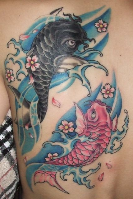 女性,背中,鯉,桜,花タトゥー/刺青デザイン画像