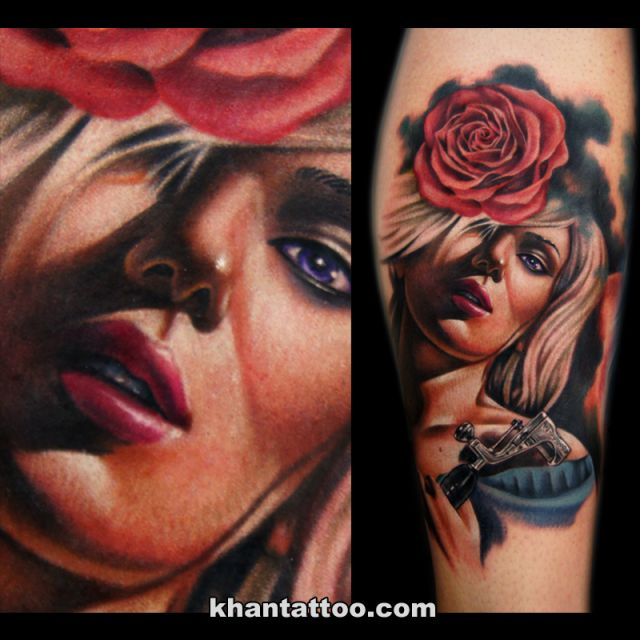 人物,カラー,女性,薔薇タトゥー/刺青デザイン画像