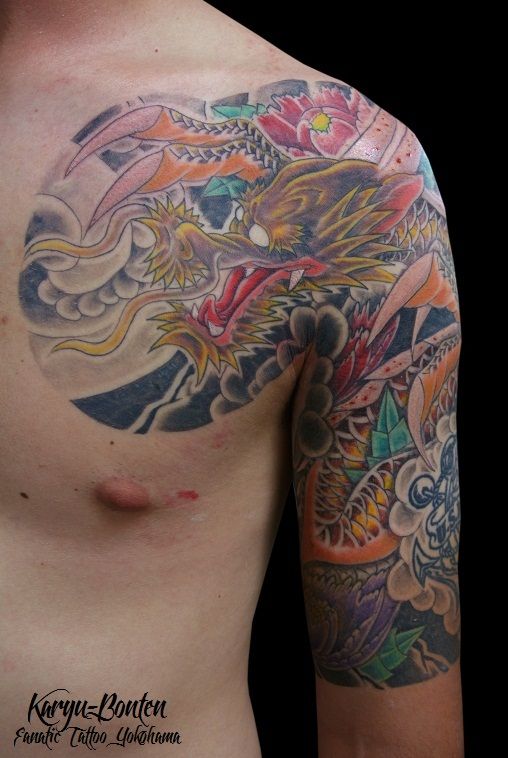 太鼓,五分袖,龍,牡丹タトゥー/刺青デザイン画像